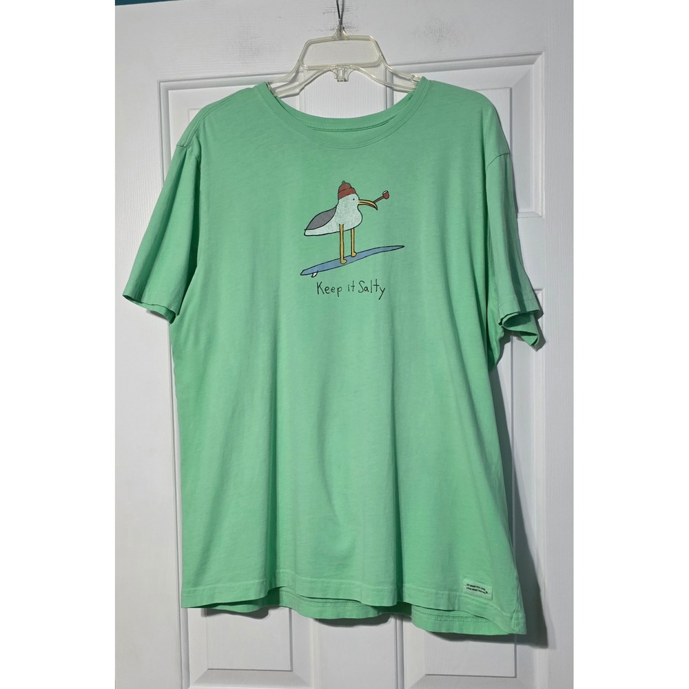Life is Good Mens Crusher Lite T-Shirt Large Green Seagull Surfing Keep it Salty